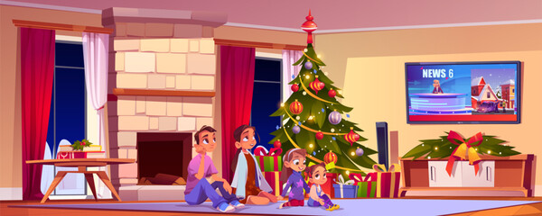 Family watching TV news at home on Christmas eve. Vector cartoon illustration of parents and children sitting on floor in living room, gift boxes under decorated X-mas tree, night sky in window