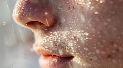 A close-up of the chin, with sweat covering the whole face，close up of a person eating a slice of bread
