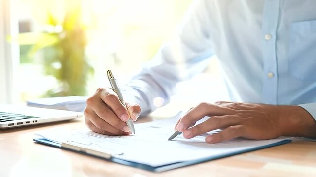businessman filling out forms at a desk with laptop and documents, financial paperwork, focus on hands, with copy space