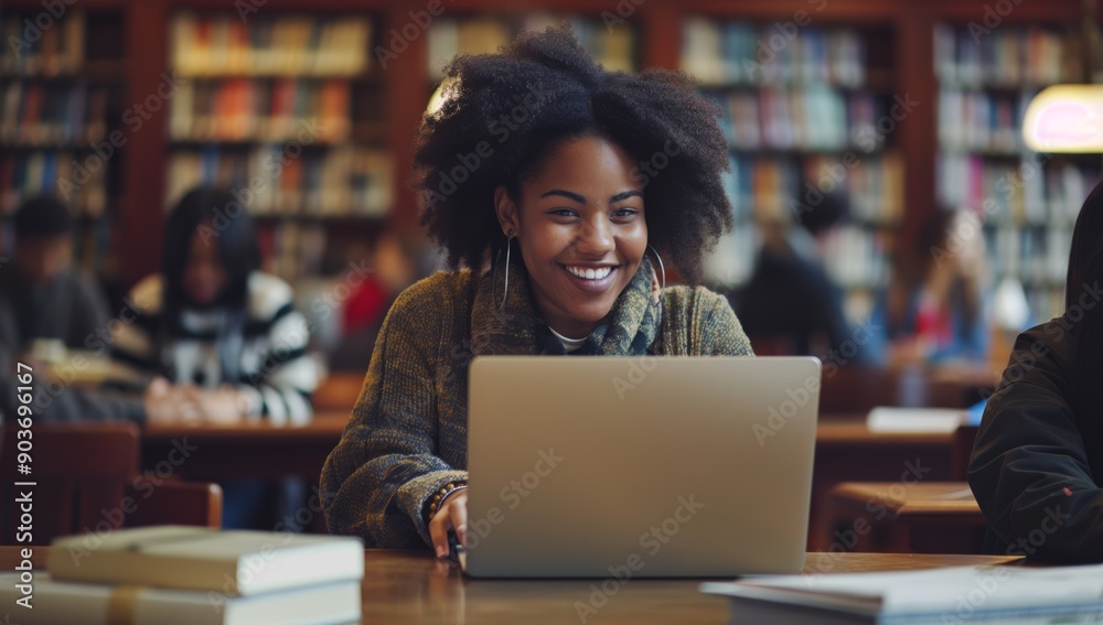 Aufkleber In a vibrant library setting, a joyful student is engrossed in using a laptop amidst a backdrop of books and fellow students. This environment reflects a culture of learning and teamwork