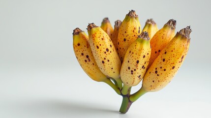 A bunch of ripe mini bananas against a white background.