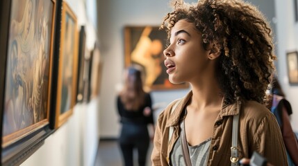 Showing curiosity while examining a piece of artwork in a museum.