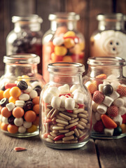 Various Halloween candies in clear bottles on wooden plank background. Realistic texture,