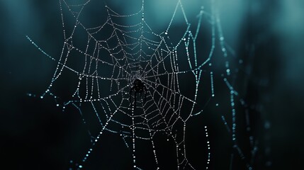 A delicate spider web shimmers in the darkness, its intricate pattern barely visible in the faint light.