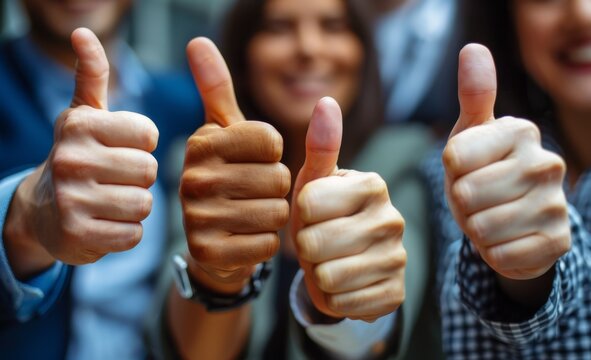A diverse group of business people giving thumbs up and fist bumps for teamwork