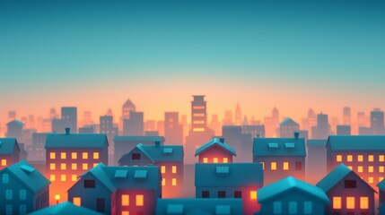 Colorful cityscape at dusk with illuminated houses and skyline in background, 3d illustration.