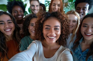 Obraz premium Diverse group of office workers taking a cheerful selfie together in a modern workplace