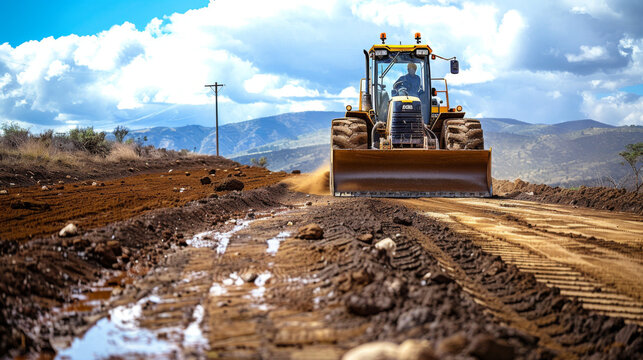 Heavy machinery grading a dirt road