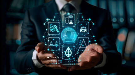 Businessman hold digital icons representing