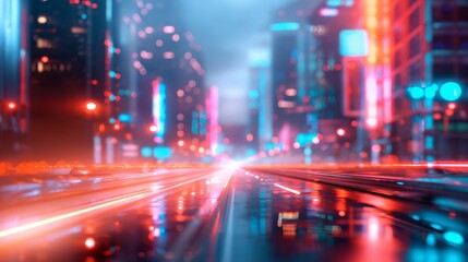 Fototapeta premium Vibrant urban nightscape with neon lights and reflections on rainy pavement.