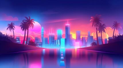Fototapeta premium Vibrant neon cityscape at dusk with palm trees along the waterway illustration.