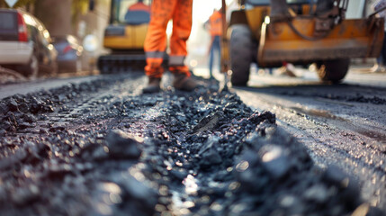 Naklejka premium Close-up Workers operating a paving machine on the road