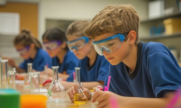 Young Boy in Safety Glasses Holds a Beaker During a Science Experiment