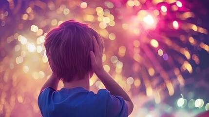Child covering ears with hands to block loud fireworks during a celebration