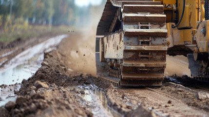 Fototapeta premium Close-up Heavy machinery moving earth at a construction site