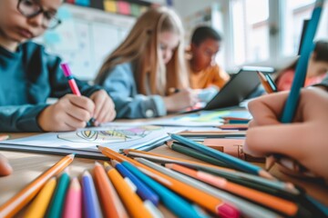 In a classroom setting, a group of children is joyfully engaged in creative drawing and coloring with vibrant pencils and art materials, emphasizing creativity and collaboration among budding artists