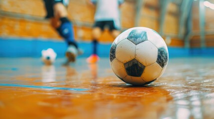 Close-up of a soccer ball on a polished indoor court with players blurred in the background during a match.