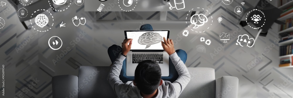 Poster Aerial view of a man using a laptop displaying brain graphics, surrounded by futuristic digital icons and virtual diagrams depicting technology, artificial intelligence, and innovation.