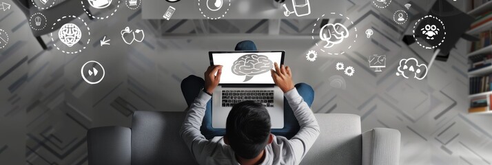 Aerial view of a man using a laptop displaying brain graphics, surrounded by futuristic digital icons and virtual diagrams depicting technology, artificial intelligence, and innovation.