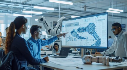 Engineers collaborating on futuristic project with digital blueprints in a modern office environment