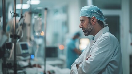 Fototapeta premium Doctor looking at watch attentively while monitoring a patient's condition in a hospital room