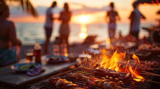 A lively beach barbecue at sunset with friends, featuring a flaming grill and a beautiful ocean backdrop, capturing summer fun.