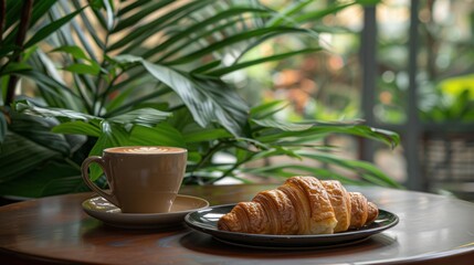 A cup of coffee with latte art and a croissant on a table, surrounded by lush green plants, creating a relaxing ambiance.