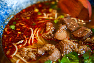 A bowl of authentic and delicious Taiwanese spicy beef noodles