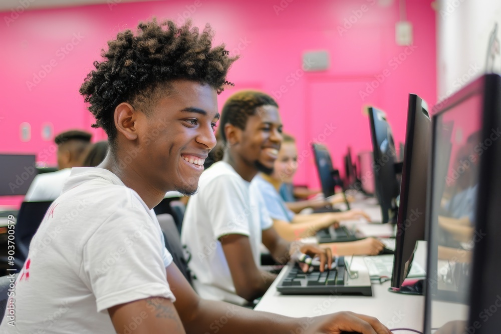 Poster in a modern educational setting, engaged students work together on computers, showing teamwork and f