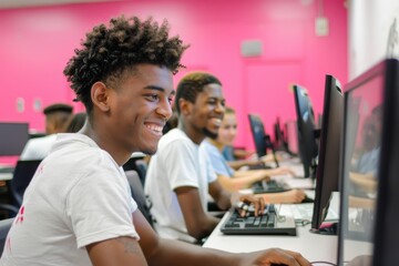 In a modern educational setting, engaged students work together on computers, showing teamwork and focus. The vibrant environment fosters collaboration and concentration among the happy group