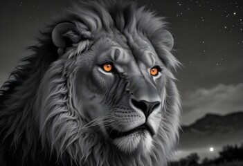 Naklejka premium portrait of monochrome lion head with orange eyes against a dark and starry background