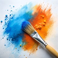 A vibrant explosion of orange and blue powders with a paintbrush, symbolizing creativity and artistry