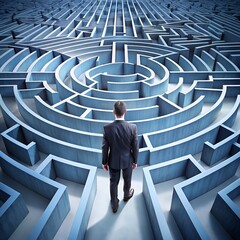 Businessman at the entrance of a complex maze, symbolizing challenge and problem-solving