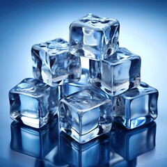 Crystal clear ice cubes stacked, showcasing purity and chill on a reflective surface
