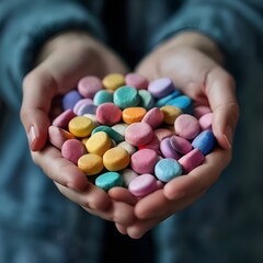 Hands holding a vibrant assortment of colorful candies
