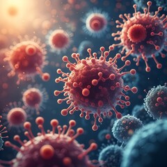 Colorful 3D illustration of various virus particles against a dark background