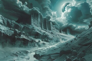 Alien planet landscape with large moon and clouds