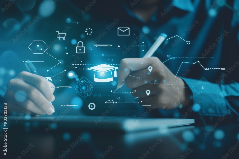 Aufkleber Visual representation of digital learning and modern education technology with virtual interface. Concept showing hands interacting with futuristic educational icons and technology.