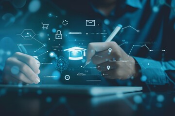 Visual representation of digital learning and modern education technology with virtual interface. Concept showing hands interacting with futuristic educational icons and technology.