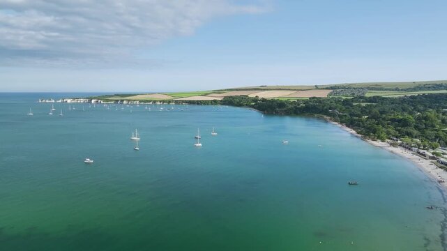 Studland Naturist Beach and Knoll Beach Studland over Studland and Godlingston Heath National Nature Reserve from a drone, Studland, Poole, Dorset, England