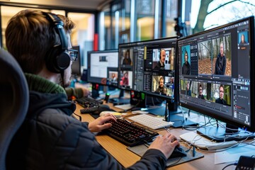 Man Editing Video Footage on Multiple Computer Screens in an Office