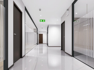 Empty office corridor with glass walls