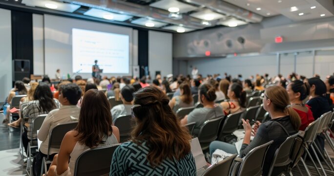 A diverse audience attending a conference in a modern lecture hall, focusing on a speaker presenting in front of a large projection screen. Attendees are seated and engaged in the discussion.