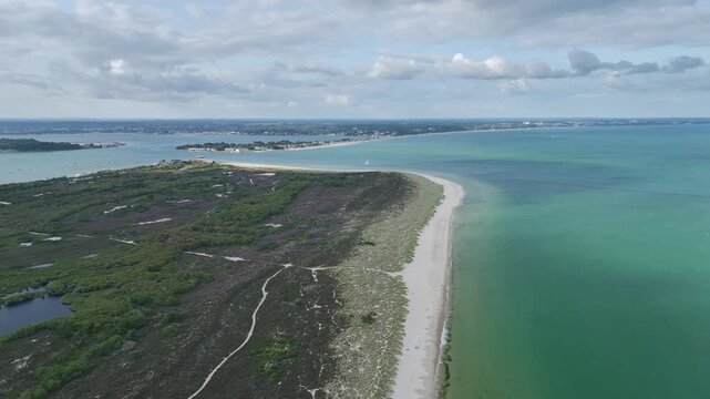 Studland Naturist Beach and Knoll Beach Studland over Studland and Godlingston Heath National Nature Reserve from a drone, Studland, Poole, Dorset, England