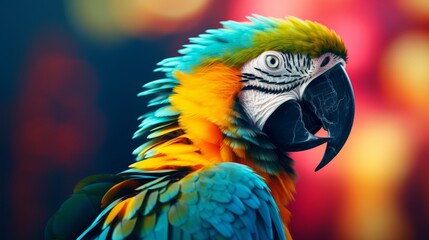 Obraz premium Close up of vibrant parrot with colorful plumage and sharp beak against a striking blue background