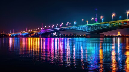 Fototapeta premium City bridge illuminated at night with colorful lights reflecting in the water
