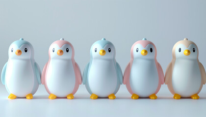 Five colorful toy penguins in pastel shades of blue, pink, and beige lined up against a white background.