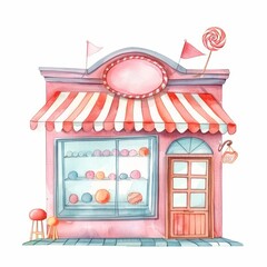 Watercolor painting of a whimsical candy store front with a striped awning, on isolated white background, Generative AI