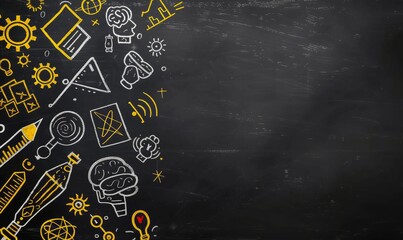 A variety of vibrant and engaging science and education sketches displayed on a blackboard. Perfect for educational, back to school, and sciencethemed content, suitable for teachers and students
