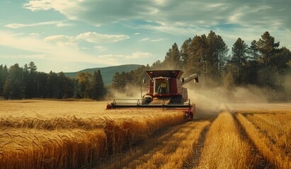A harvester working in a golden wheat field at sunset capturing the essence of agriculture